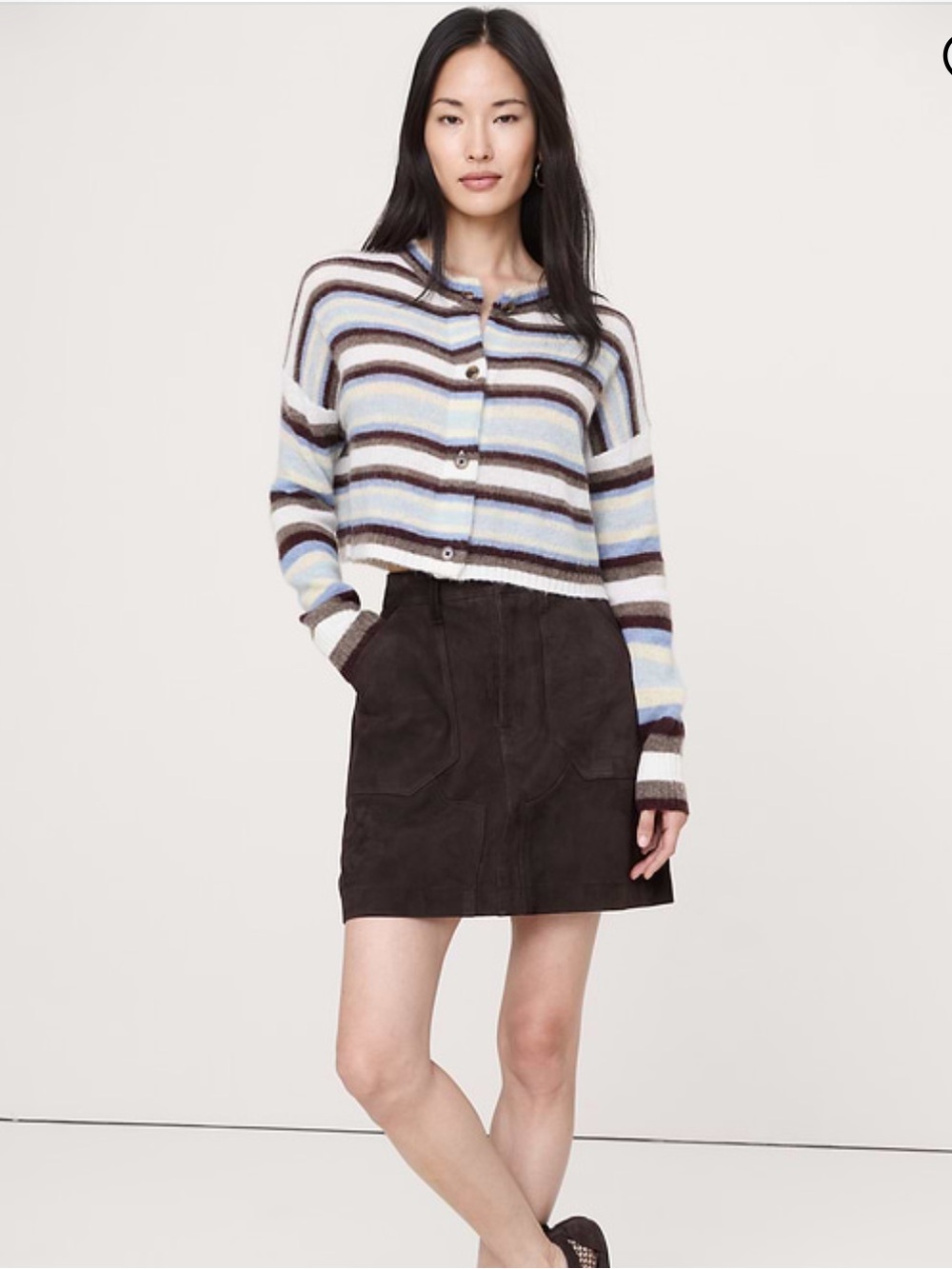 Banana Republic Italian Alpaca-Blend Cropped Cardigan Light Blue Stripe M